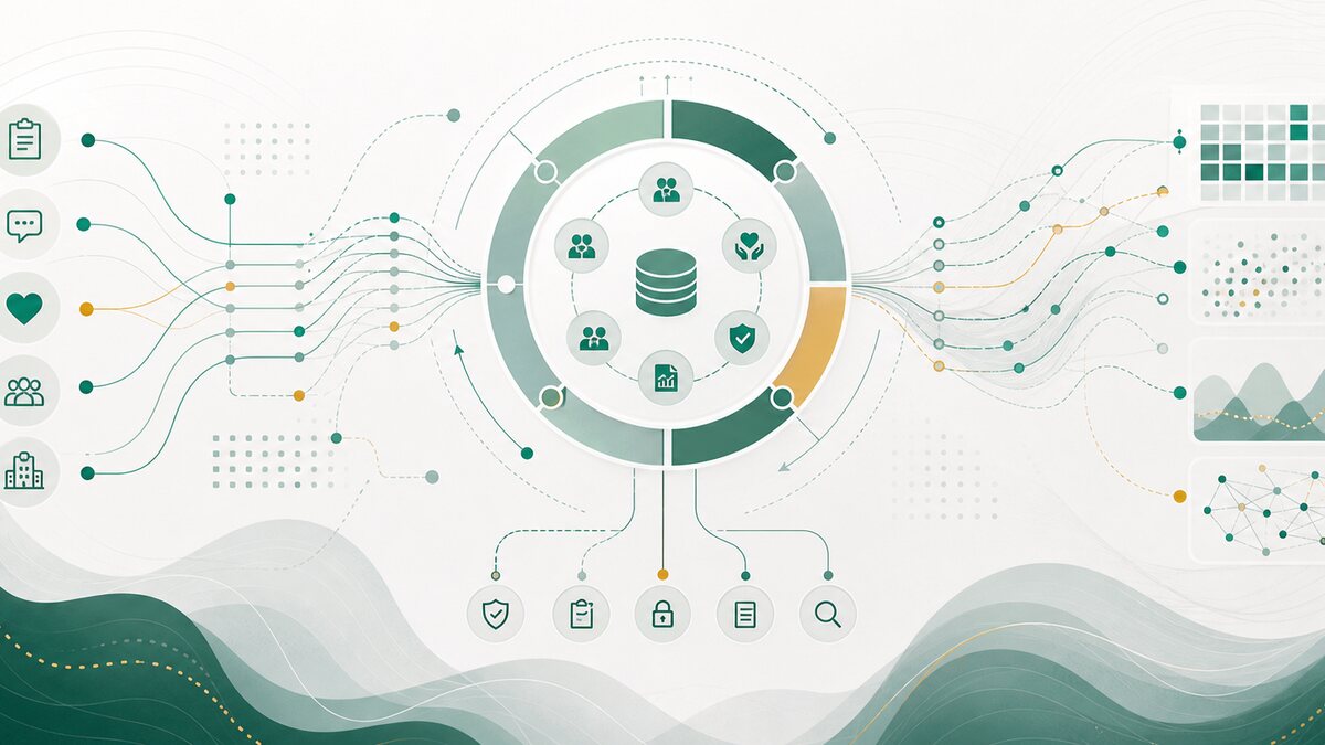 Abstract behavioral health informatics image with circular workflow map, data-governance pathways, and structured outcome signals