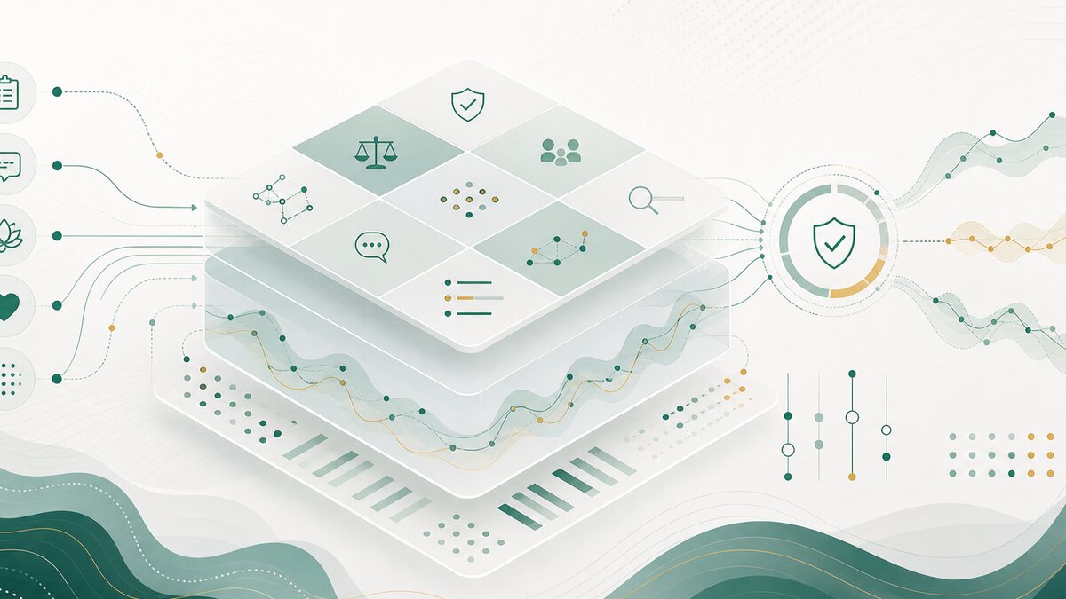 Abstract clinical AI evaluation image with layered rubric tiles, safety-calibration arcs, and behavioral health signal trajectories