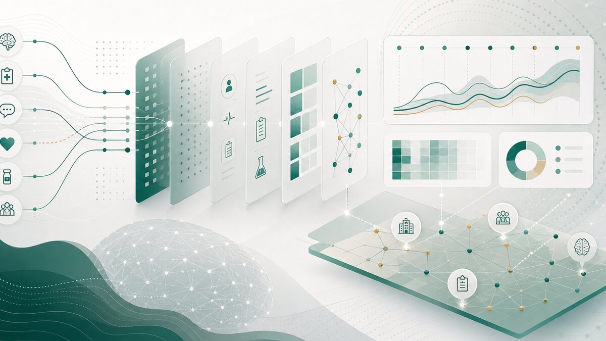 Abstract healthcare LLM evaluation image with layered clinical data panels, safety-review flows, and outcome analytics