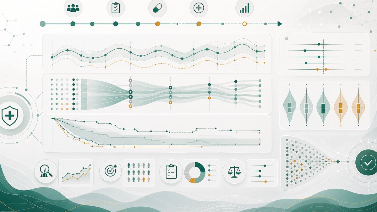 Abstract psychiatric clinical trials analytics image with endpoint timelines, cohort flows, longitudinal outcome curves, and evidence review panels